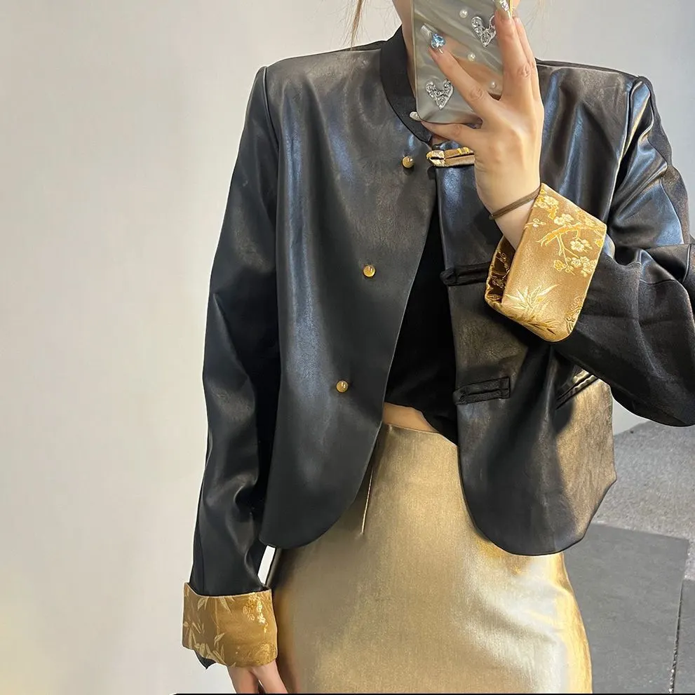 Main Images3 Retro Chinese Style Faux Leather Cropped Jacket - Image 1