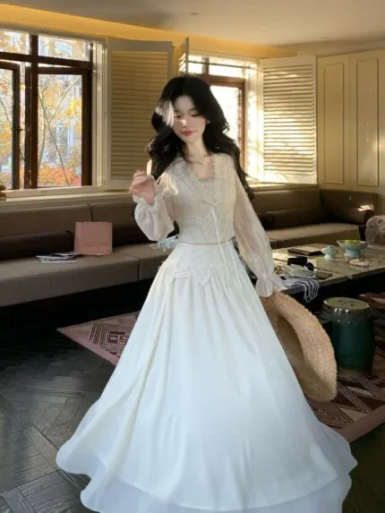 Embroidered Lace Top & A-Line Skirt Set