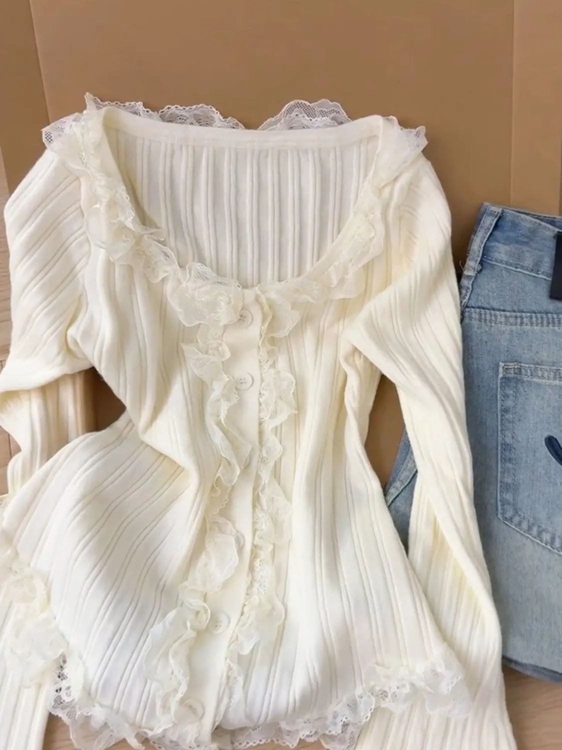 Main Images5 Lace Panel Off-Shoulder Knit Top - Image 1