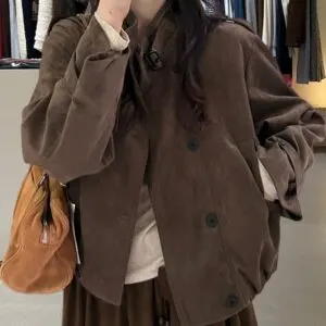 Retro Stand Collar Suede Cropped Jacket