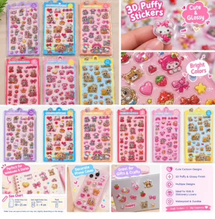 Cute 3D Puffy Cartoon Stickers | Kawaii Waterproof Decorative Stickers for Kids & Stationery