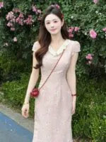 Collar Bow Detail Qipao Dress
