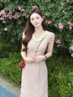 Collar Bow Detail Qipao Dress - Image 3