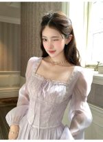 Women’s Lilac Square-Neck Long-Sleeve Maxi Dress