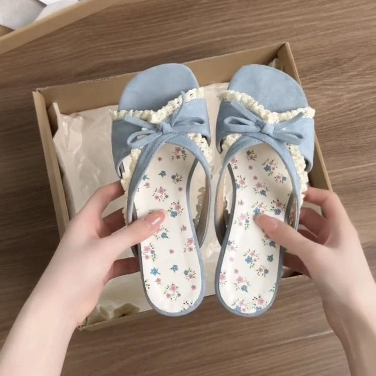 214ecd61ad0e9f2a Blue floral-insole platform bow slides, main source photo