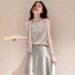 Elegant Grey Sequin Ribbon Top & Satin Midi Skirt Set - Image 3