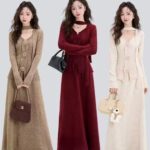 French Red V-Neck Knit Top & Skirt Set
