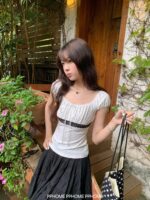 Sweet Bow Detail Square Neck Lace Puff Sleeve Top - Image 10