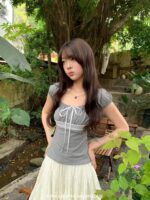 Sweet Bow Detail Square Neck Lace Puff Sleeve Top - Image 11