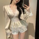 Satin Lace V-Neck Slim-Fit Blouse