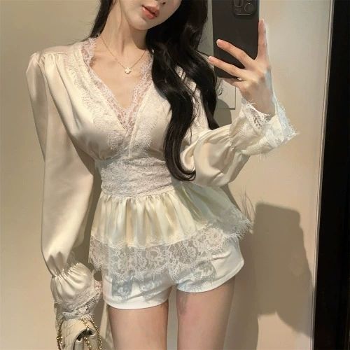 0a428aee1035094513376e4dd6f14ce3 Satin Lace V-Neck Slim-Fit Blouse - Image 1