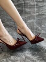 Burgundy Pointed-Toe Bow Strap High Heels - Image 4