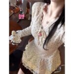 Bow Heart Polka Dot Lace V Neck Top - Image 6