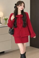 Women's Red Tweed Jacket and Skirt Two-Piece Set - Image 6