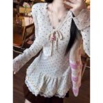 Bow Heart Polka Dot Lace V Neck Top - Image 5