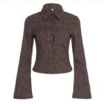 Brown Striped Slim-Fit Flare Sleeve Shirt - Image 6
