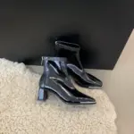 Chunky Heel Square Toe Black Patent Leather Boots