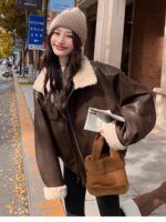 Women’s Brown Faux Leather Fleece-Lined Biker Jacket - Image 4