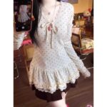 Bow Heart Polka Dot Lace V Neck Top - Image 4