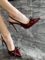 Burgundy Pointed-Toe Bow Strap High Heels - Image 3