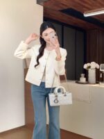 White Embroidered Round Neck Tweed Jacket - Image 4