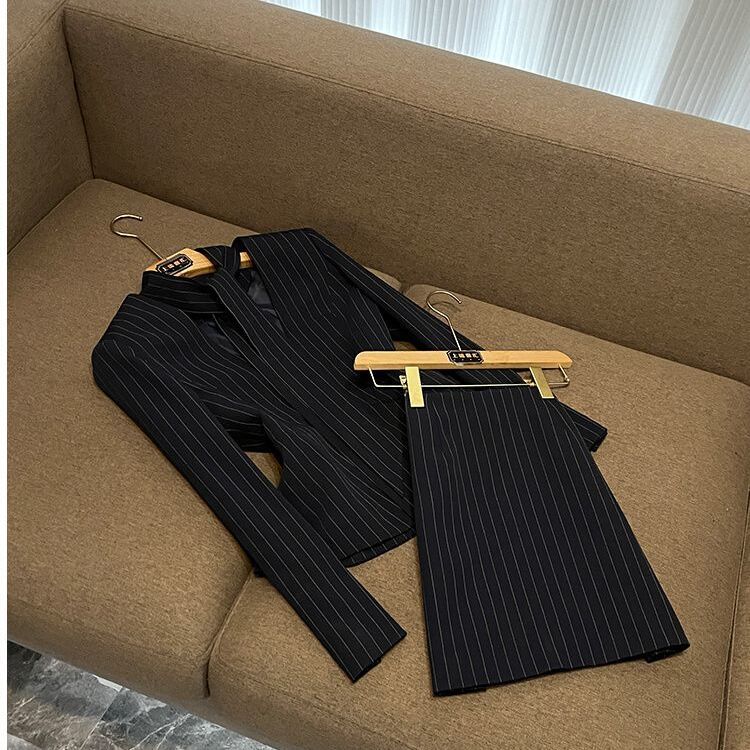 Main Images1 Striped V-Neck Waist-Cinched Blazer & Skirt Set - Image 1
