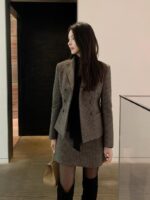Houndstooth Double-Breasted Blazer & Skirt Set