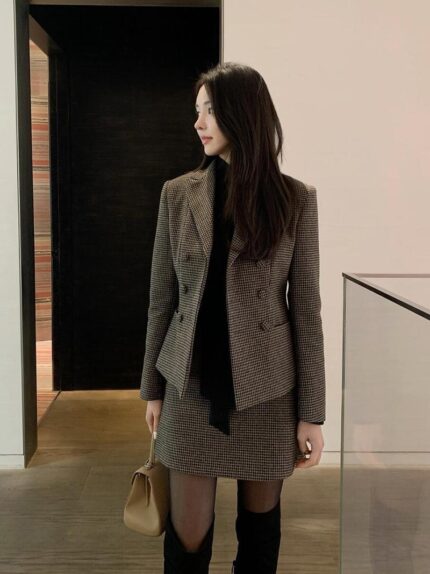 Houndstooth Double-Breasted Blazer & Skirt Set