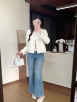White Embroidered Round Neck Tweed Jacket - Image 2