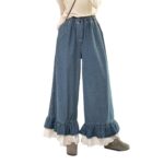 Lace Trim Elastic Waist Denim Casual Pants