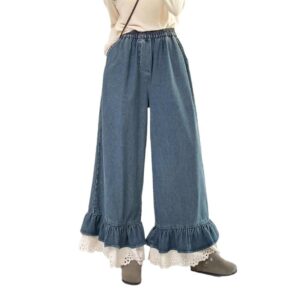 Lace Trim Elastic Waist Denim Casual Pants