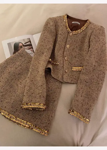 Golden Tweed Sequin Skirt Suit Set
