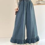 Lace Trim Elastic Waist Denim Casual Pants - Image 9