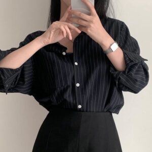 Retro Korean Striped Oversized Long Sleeve Shirt
