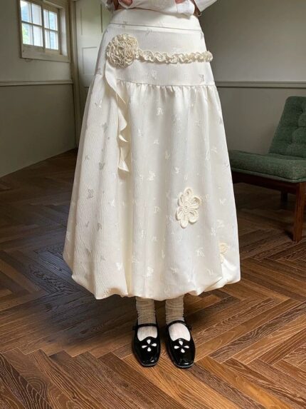 Embroidered High-Waist Puff Midi Skirt