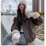 Women’s Brown Faux Leather Fleece-Lined Biker Jacket