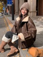 Women’s Brown Faux Leather Fleece-Lined Biker Jacket - Image 2