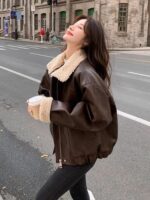 Women’s Brown Faux Leather Fleece-Lined Biker Jacket - Image 6