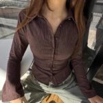 Brown Striped Slim-Fit Flare Sleeve Shirt - Image 4